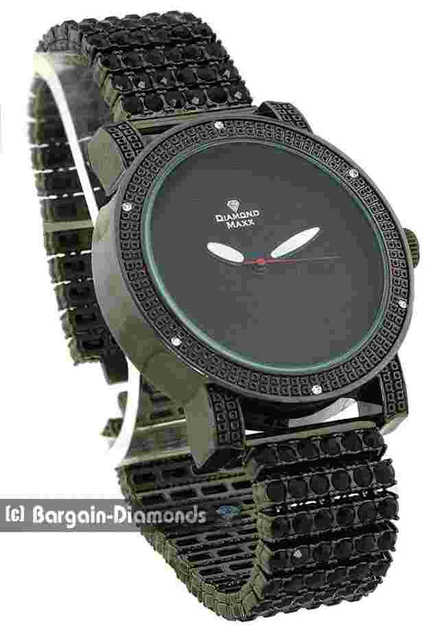 Mens 50 mm Black Clubbing Watch Leather Strap + 6 Row Black CZ 8.5" Bracelet