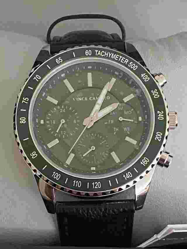 Vince Camuto Black Leather Green Dial Multi-Function Men's Watch NWT