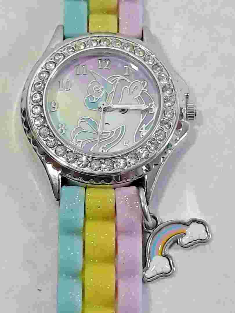 Rainbow Unicorn Crystal Accent Silver Tone Case Watch Cloud Charm ~~~ TESTED