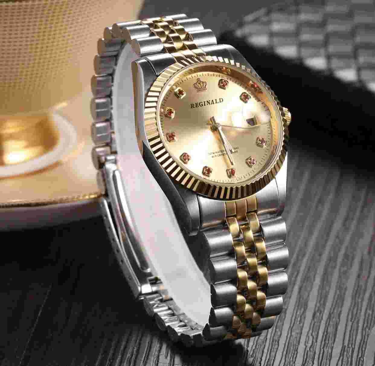 Reginald Mens Wrist Watch Gold Silver Red Analog Quartz New Battery. New