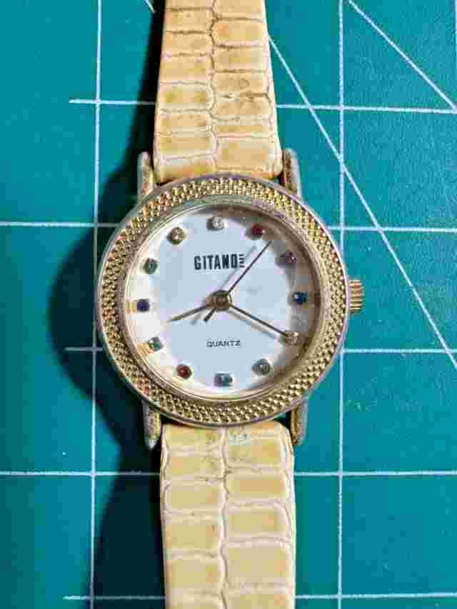 Vintage Gitano Watch Genuine Yellowed White Leather Band Color Gems on Face