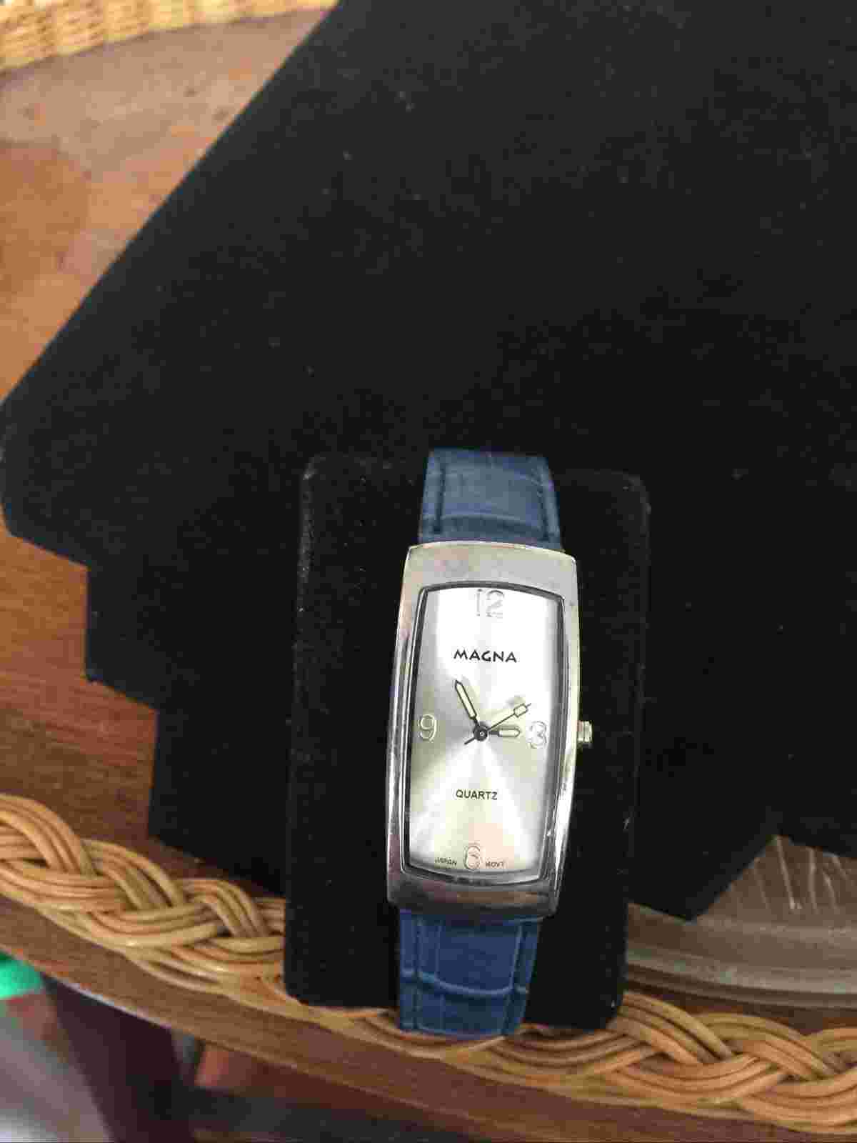 Vintage Magna rectangular faced Watch blue leather strap needs battery