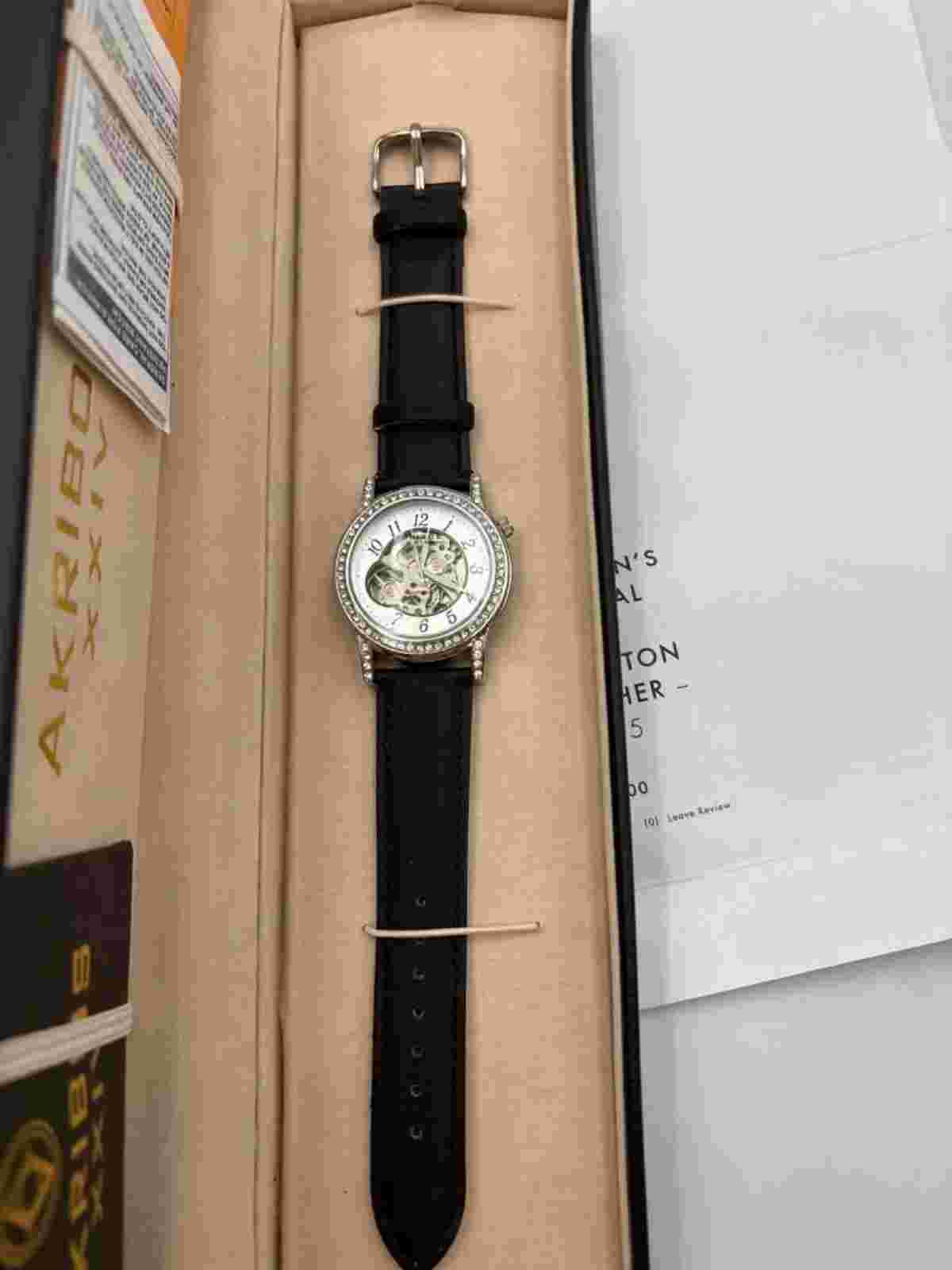 Akribos XXIV CRYSTAL BEZEL SKELETON LEATHER – AK475 Women's Watch Silver Black