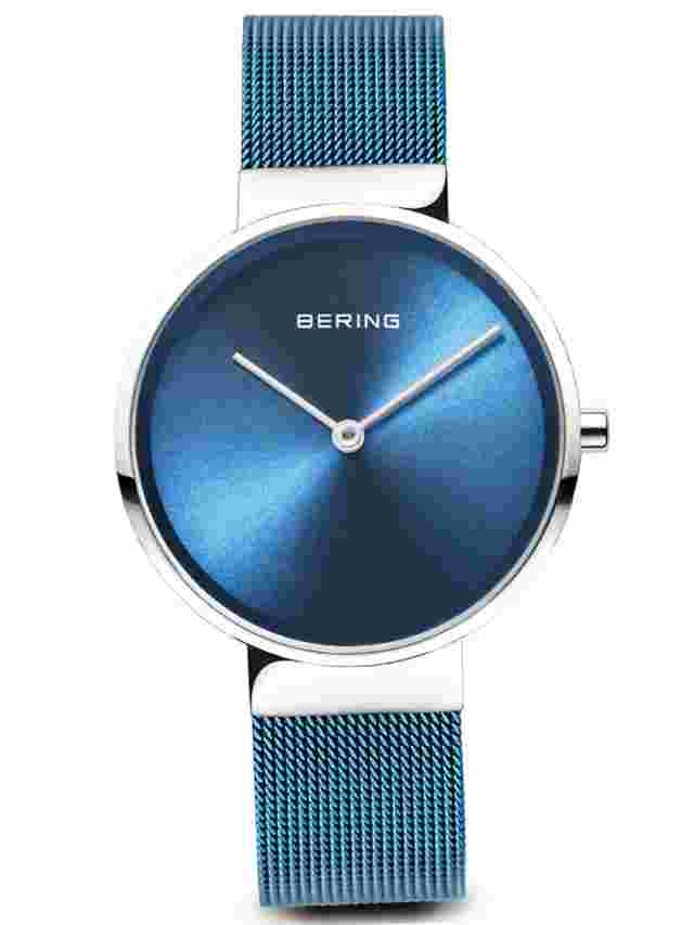 BERING Classic 31mm Polished Silver Milanese Strap Blue Women's Watch 14531-308
