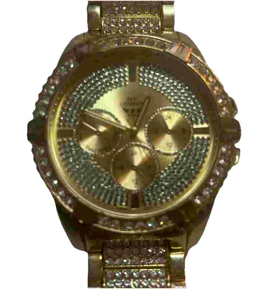NY London Men’s 9.75” Goldtone Bling Watch Gemmed Dial Bezel & Band New Battery