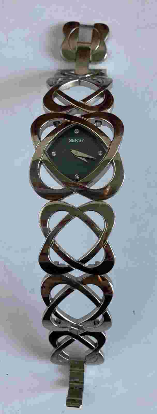 Vintage • Seksy • Ladies 7" Quartz Watch w/Silver Tone Bracelet & Green Face