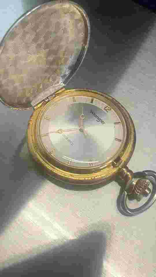 Wrangle Silver and Gold Tone, Pocket watch, Train Etching-Pre-Owned