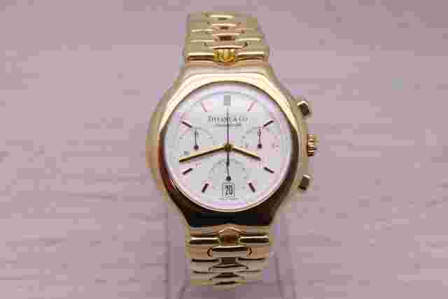 Tiffany & Co Tesoro Mens 18k Yellow Gold Heavy Quartz Chronograph Watch w/ Box