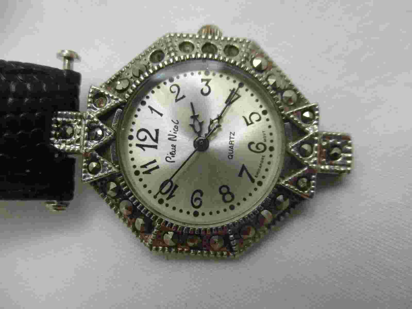 Pierre Nicol Wristwatch Black Buckle Band Round Silver Tone Face Rhinestones