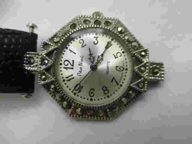 Pierre Nicol Wristwatch Black Buckle Band Round Silver Tone Face Rhinestones