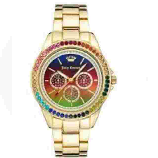 NIB Juicy Couture Black Label Los Angeles Gold Rainbow Crystals Watch BRAND NEW