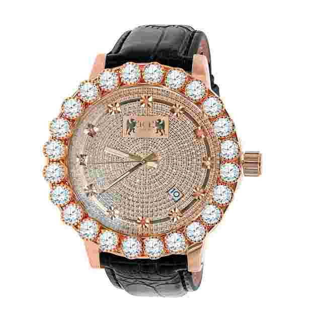 Rose Gold 2 Tone Watch Solitaire Bezel Real Diamonds Leather Strap Band W/Date