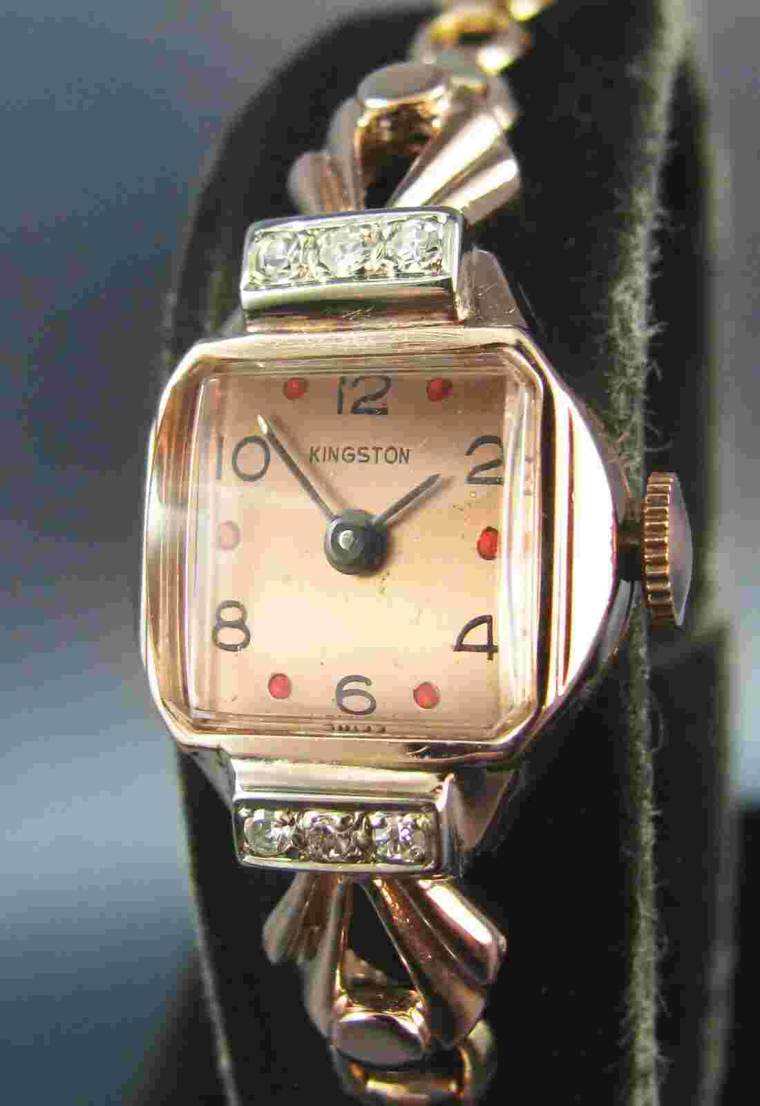 Vintage Kingston 14k Solid Pink Gold & Diamonds Lady's Cocktail Dress Watch 17J