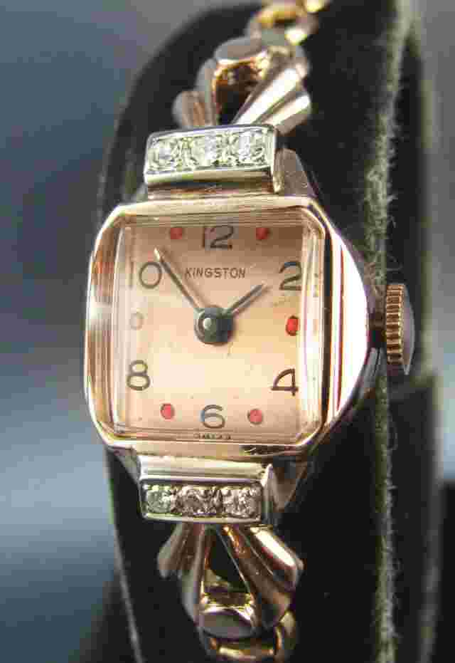 Vintage Kingston 14k Solid Pink Gold & Diamonds Lady's Cocktail Dress Watch 17J