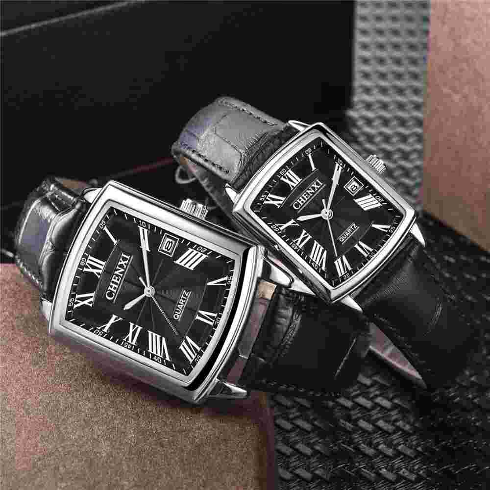 CHENXI Men Watch Roman Numerals Leather Wristwatch Male Rectangle Watches Gifts
