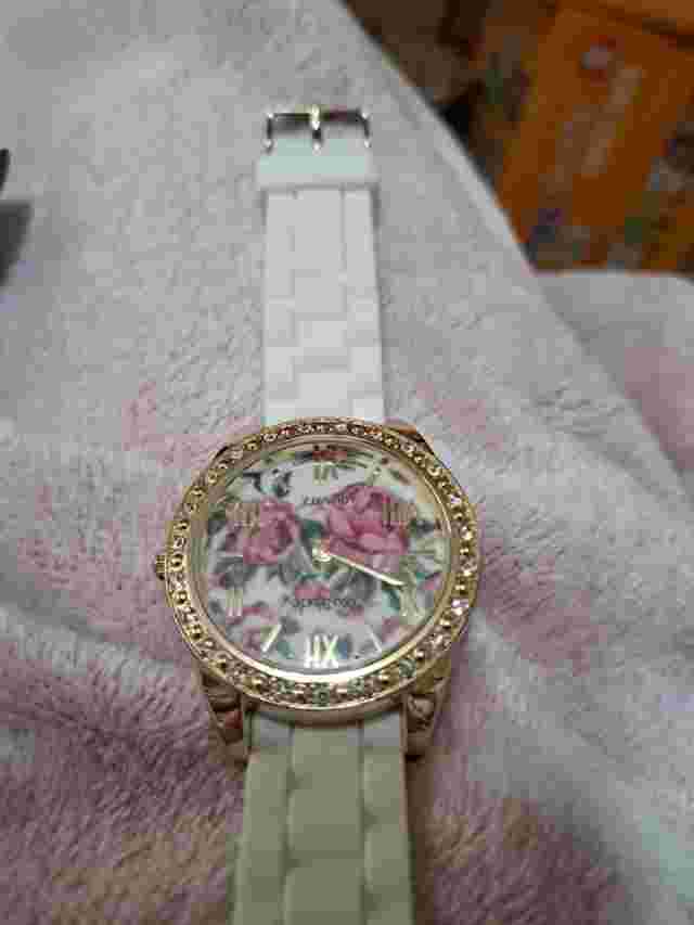 376 New Bay Studio Watch With Roses For A Face & Rhinestones With  8" White Band