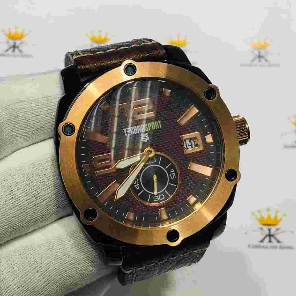 TechnoSport Rose Gold Stainless Steel Large Dial Chronograph Brown Leather Watch