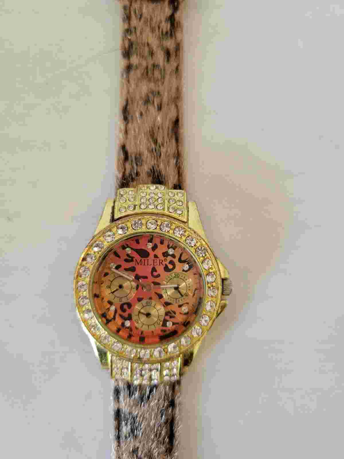 Ladies Miller Fashion Watch Fabric Cheetah Print Wristband Faux Diamond Accents