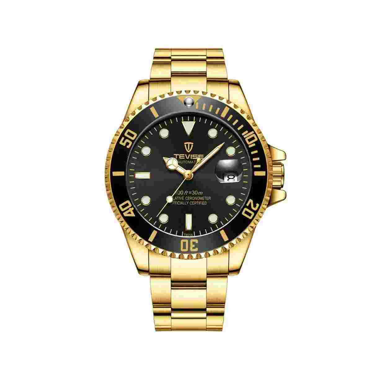 Tevise Mens Analogue Quartz Watch Black Gold Smart Watches Date Present