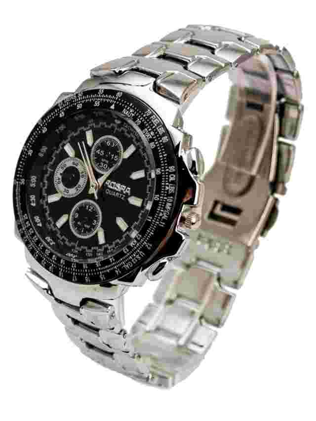 STAINLESS STEEL  METAL BAND BLACK FACE ANALOG QUARTZ WATCH