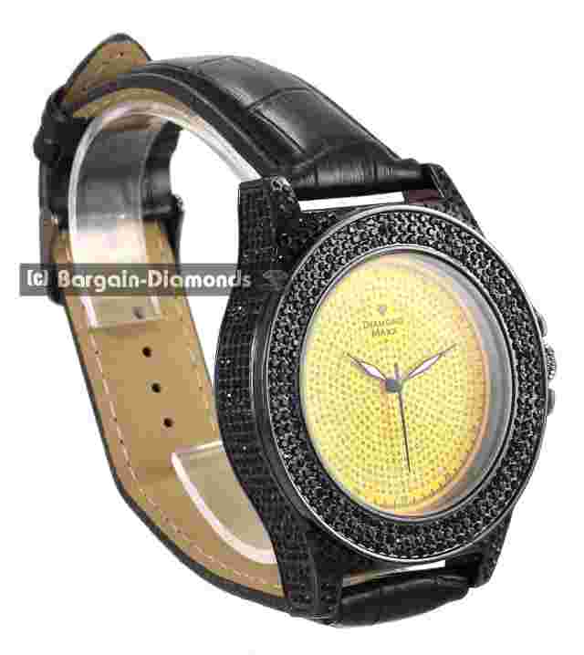 Mens Black CZ Ice Out Clubbing Watch Gold Bling Dial Leather Strap for 8"-10"