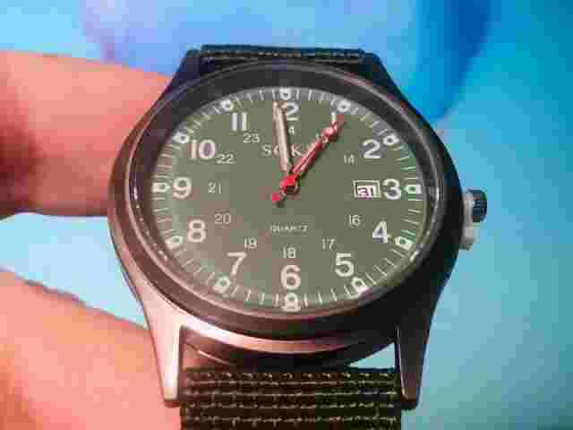 Men's Watch - SOKI - Silver Casing Green Face & Canvas Band - Military Time/Date