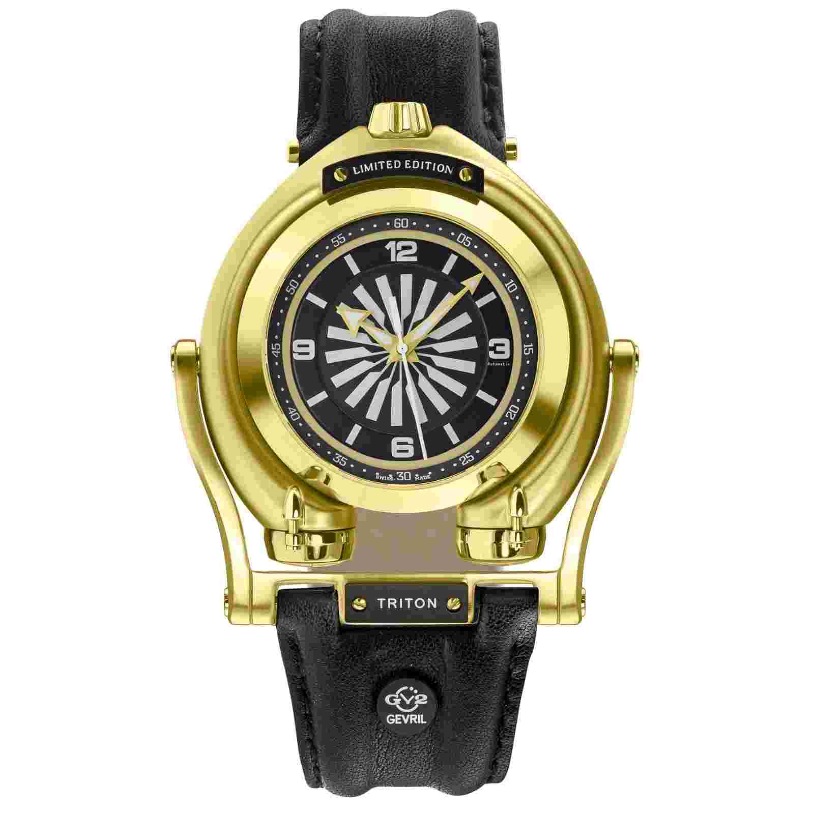GV2 48 mm Gold Stainless Steel Case with Black Leather Strap Men's Wristwatch