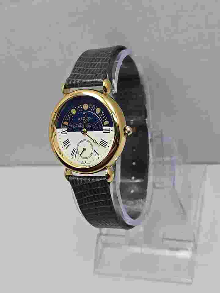 Womens Rare Vintage Axcess Blue Gold Moon Phase Gray Leather Watch New Battery