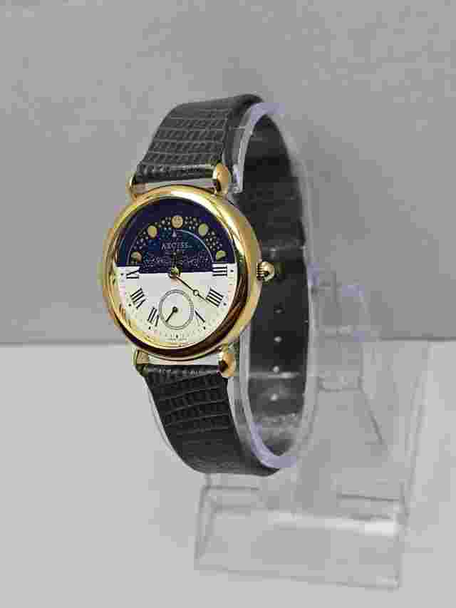 Womens Rare Vintage Axcess Blue Gold Moon Phase Gray Leather Watch New Battery