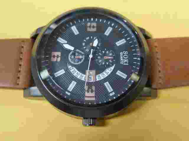 Soki Men's Quartz Watch Round Black Tone Brown Leather Works
