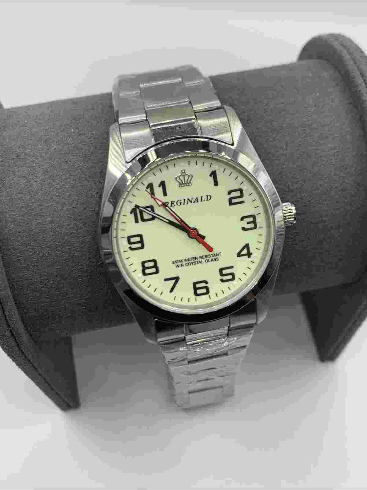Reginald Mens Wrist Watch Silver Black Glow Analog Date Quartz New Battery. New