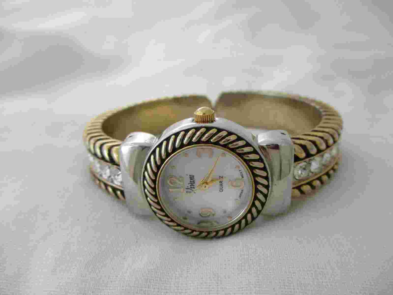 Vivani Goldtone Rhinestone Cuff Watch, Metal Band