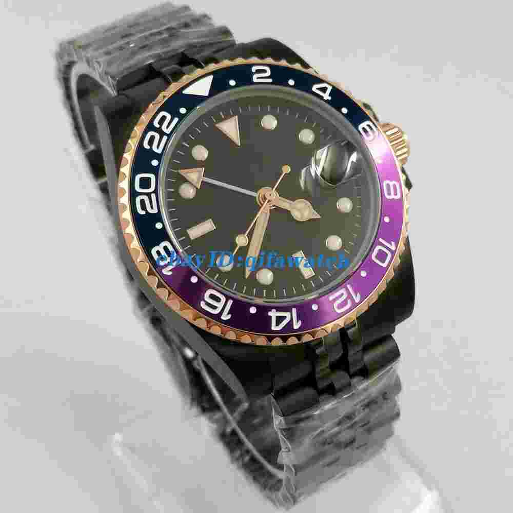 40mm sterile black dial GMT PVD case automatic mens sapphire date gift watch