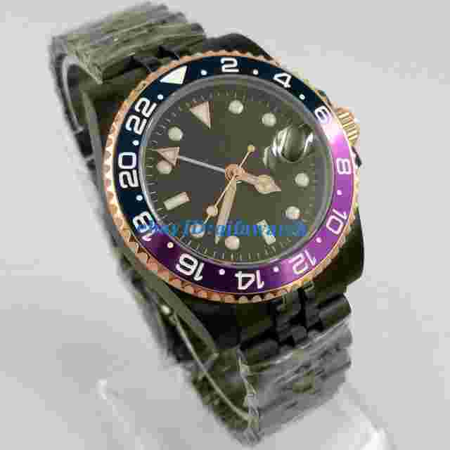 40mm sterile black dial GMT PVD case automatic mens sapphire date gift watch