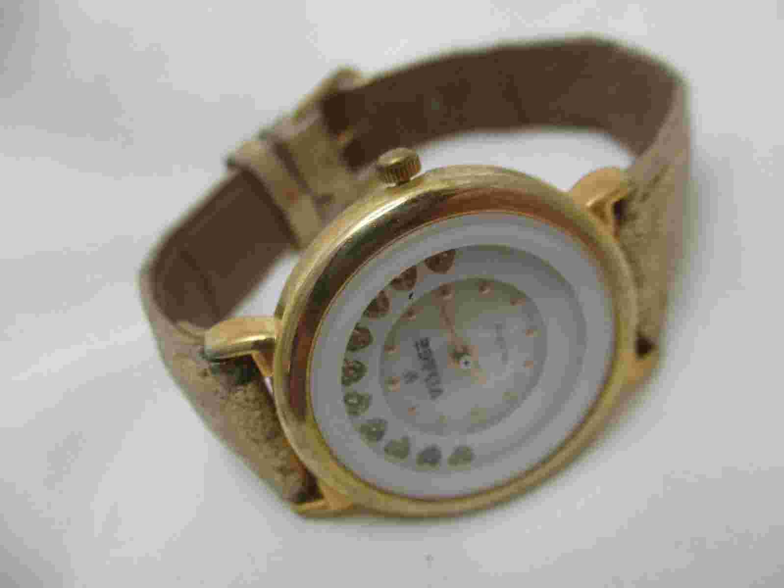 Visage Analog Wristwatch Gold Tone Shiny Buckle Band Round Face Hearts