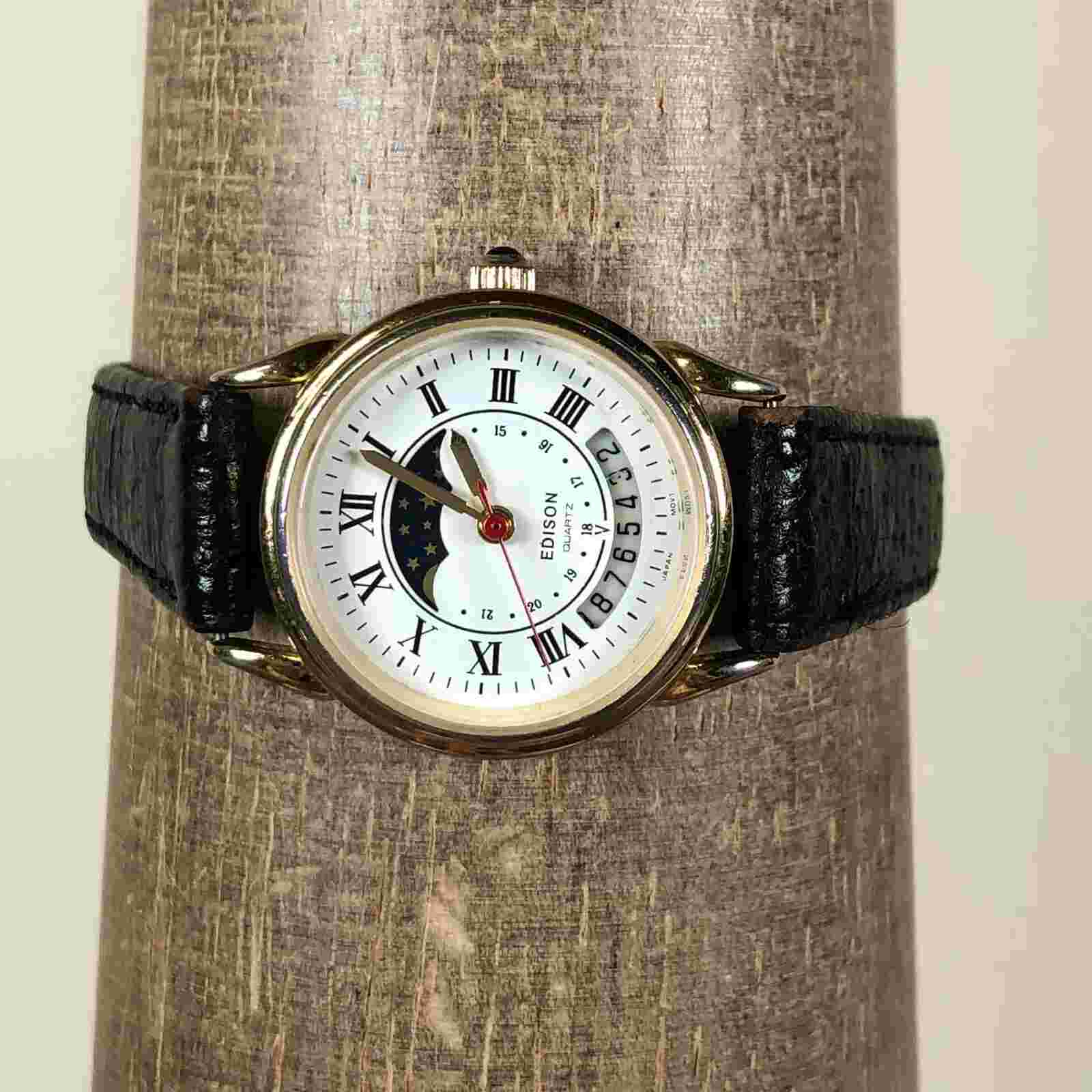 Edison Women Dress Moon Phase Gold Tone Black Leather Strap Quartz Watch 6 1/4"