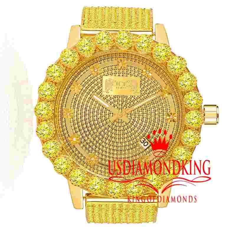 Canary Real Diamonds Mens Stainless Steel Gold Tone Custom Band Watch Solitaire