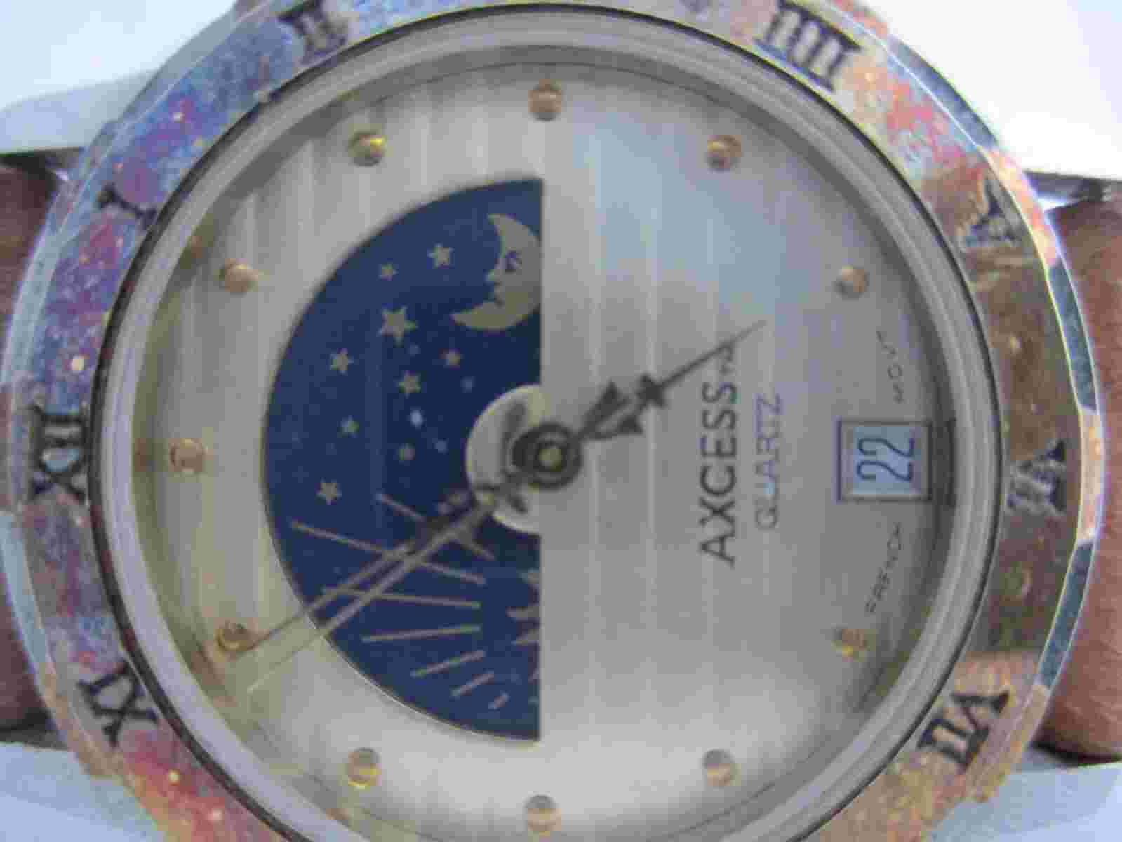 Axcess Watch Day Night Dial Date Indicator Gold Tone For Parts or Repair