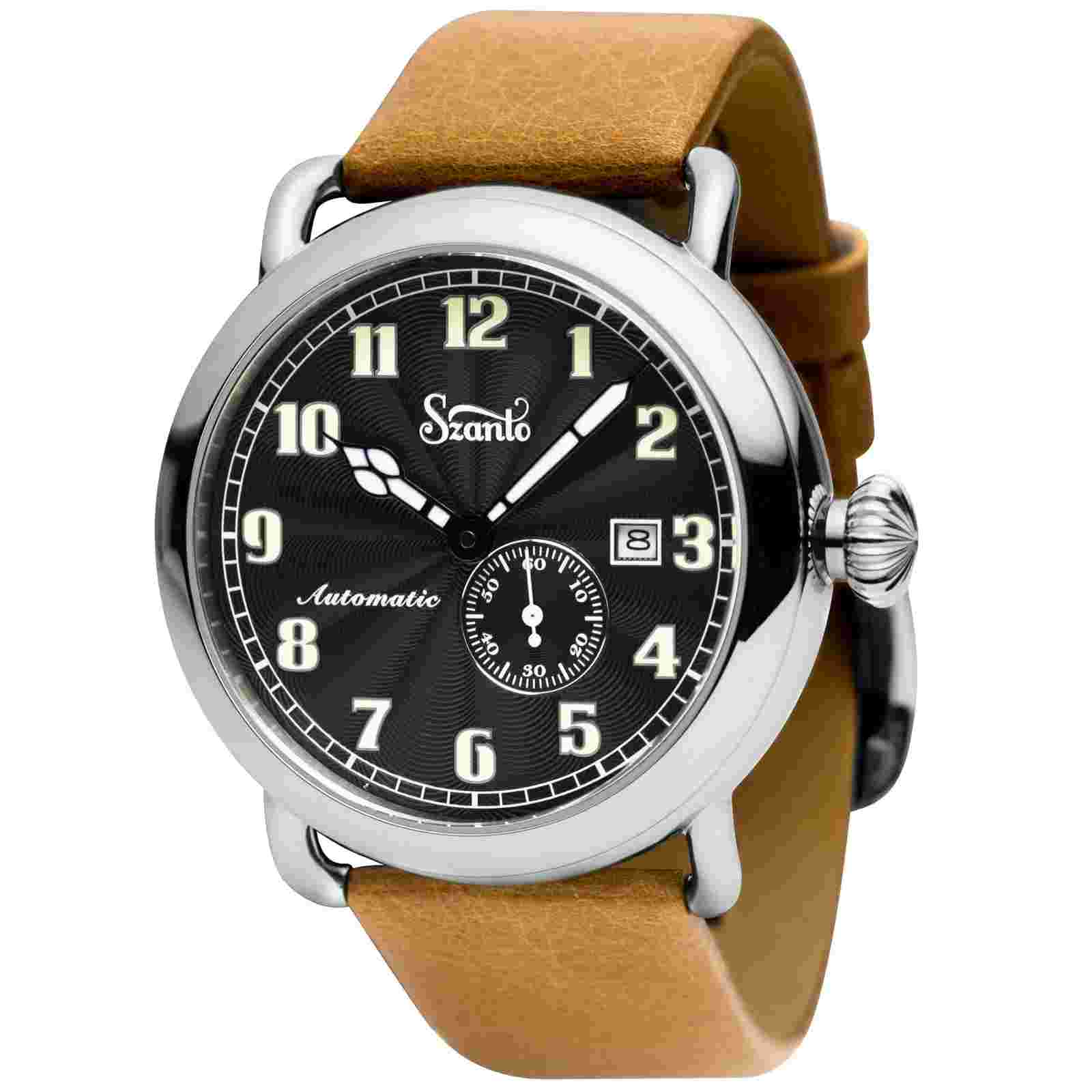 Szanto Men's Watch Officer Classic Round Black Dial Tan Leather Strap SZ 6302E