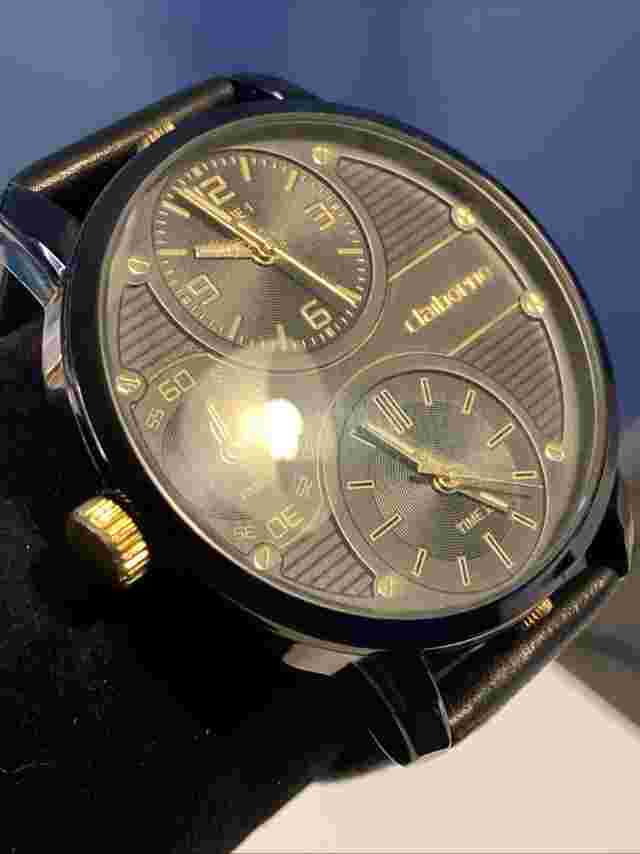 Claborne Watch With 3 faces New Batteries Black Leather Bad