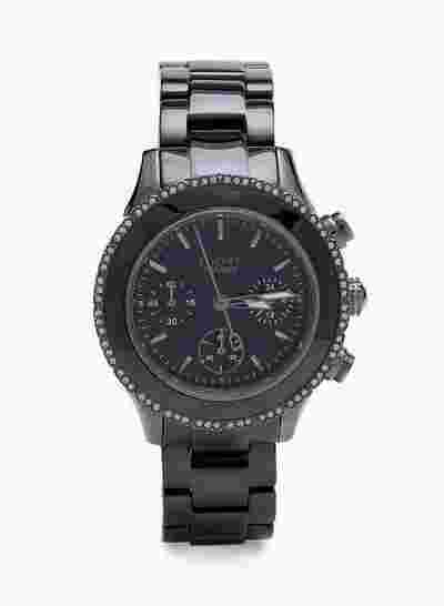 NEW DKNY BLACK CERAMIC CHRONOGRAPH DIAL+PAVE CRYSTAL BEZEL WATCH NY8671