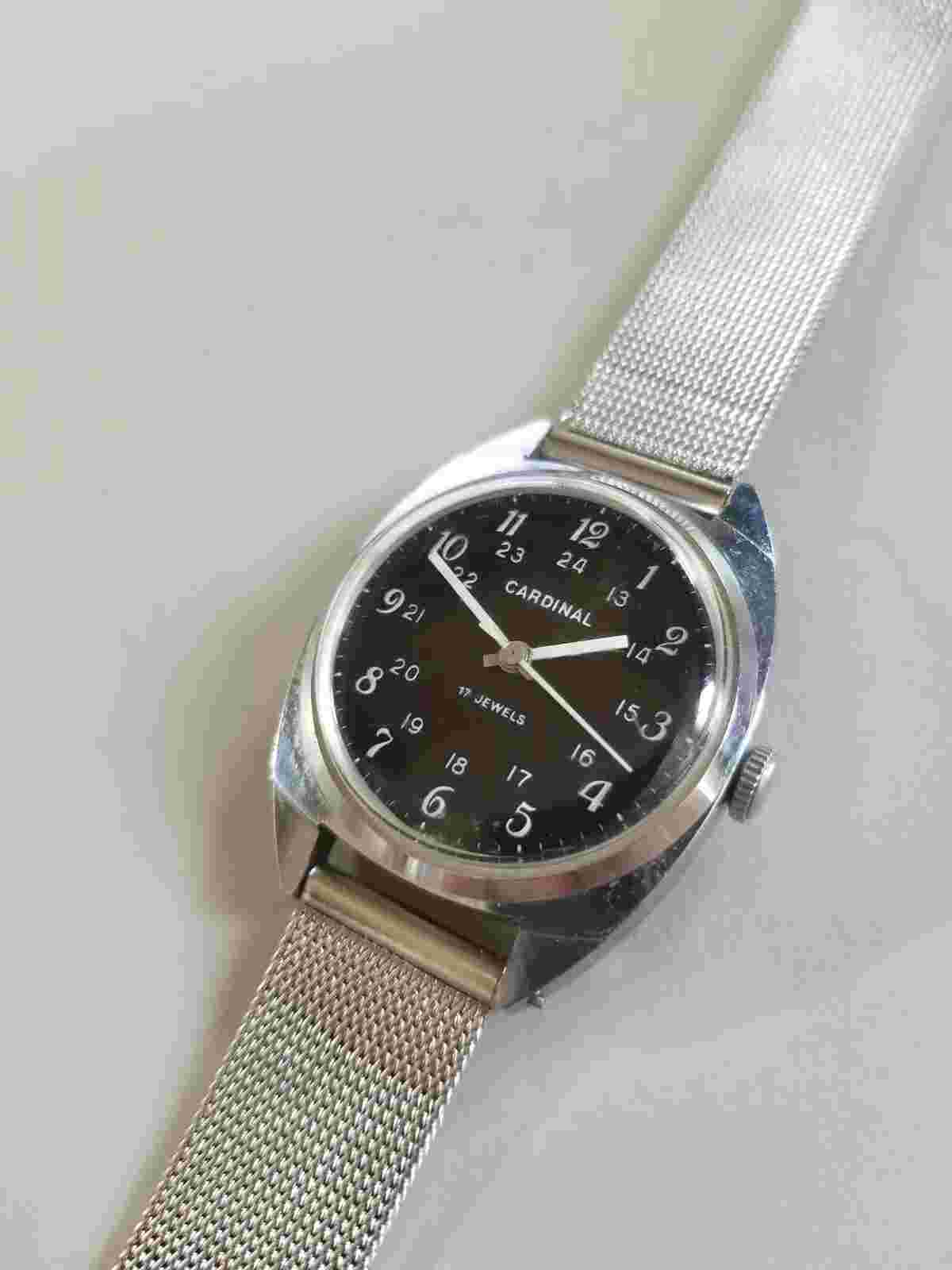 CARDINAL SOVIET VINTAGE BLACK MILITARY STYLE DIAL WIND UP MID SIZE MEN'S WATCH
