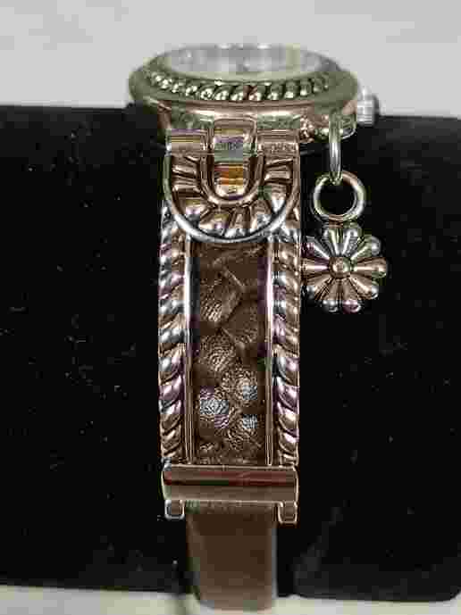 Premier Designs Silver Tone Black Leather Band Flower Charm Watch New Battery