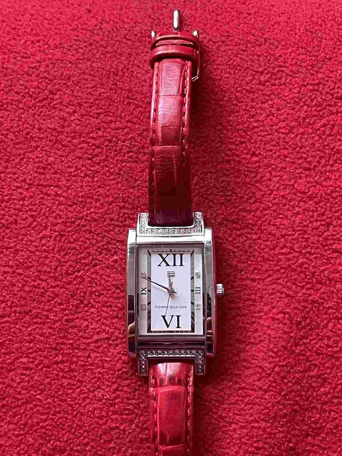 Tommy Hilfiger women red  leather watch with Square dial and Crystal decor $288