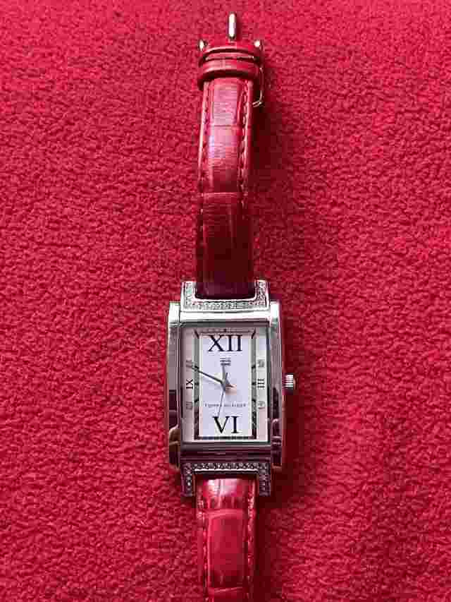 Tommy Hilfiger women red  leather watch with Square dial and Crystal decor $288