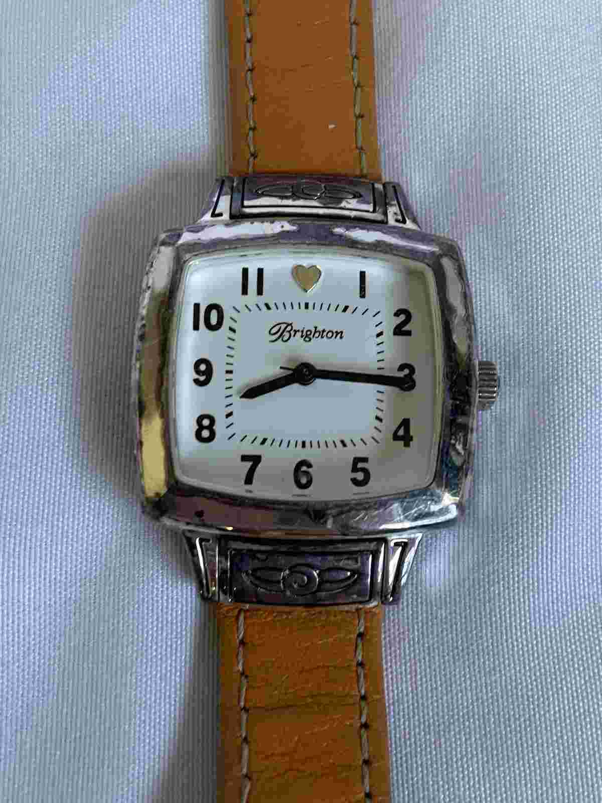 Brighton Orchard Watch Silver Square White Face Orange Leather Band Needs Batt