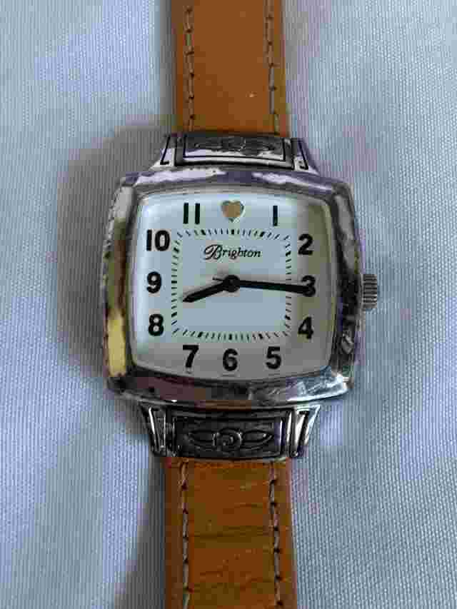 Brighton Orchard Watch Silver Square White Face Orange Leather Band Needs Batt