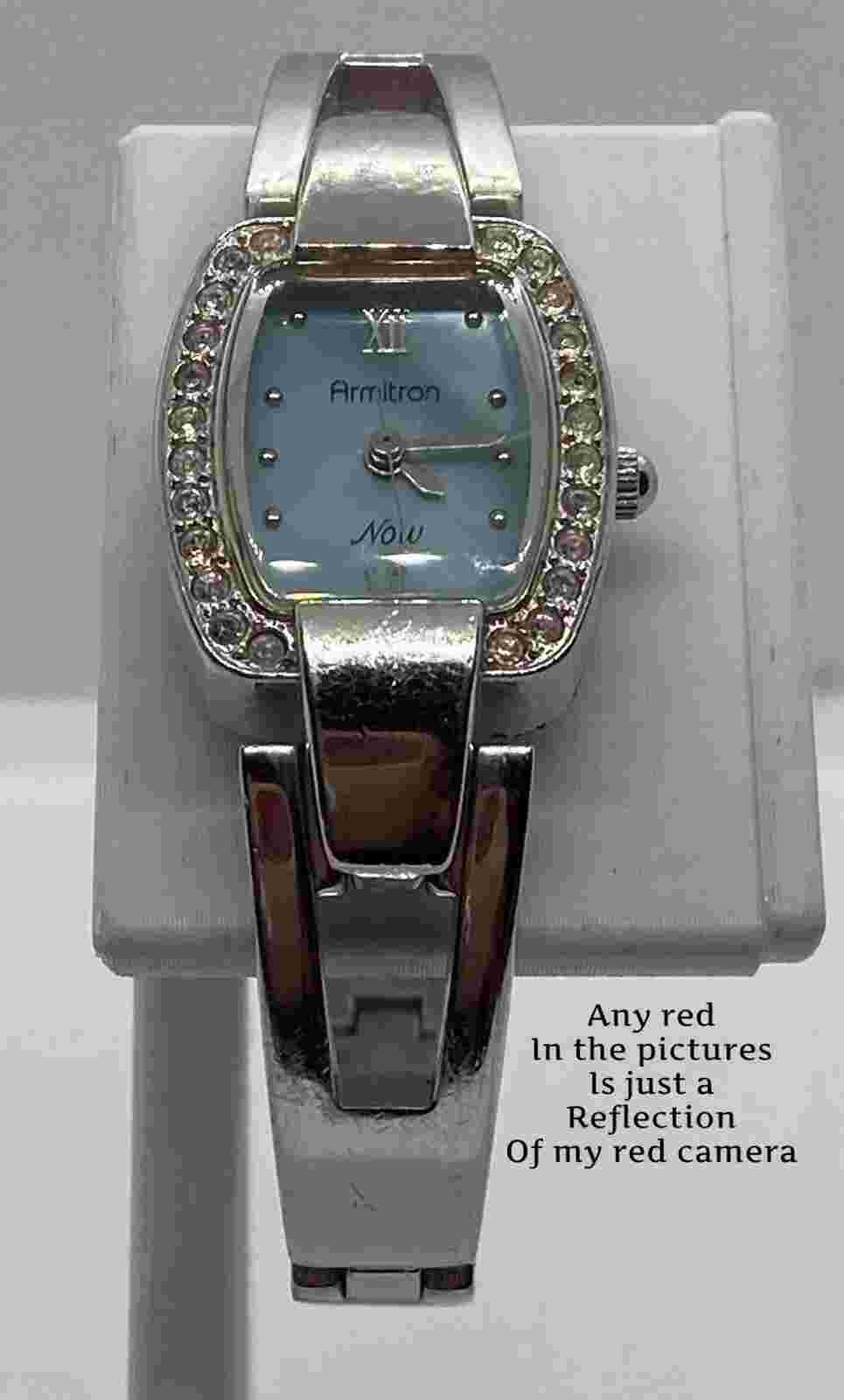 ARMITRON NOW Ladies Watch New Battery Fit 6.5” Wrists Silver Blue Iced Dial NICE