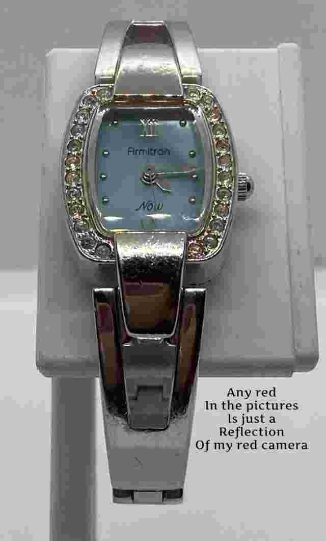 ARMITRON NOW Ladies Watch New Battery Fit 6.5” Wrists Silver Blue Iced Dial NICE