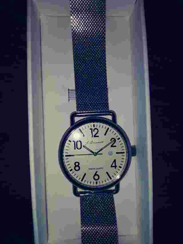 J. Brackett Camden White Quartz Watch on Steel Mesh Band